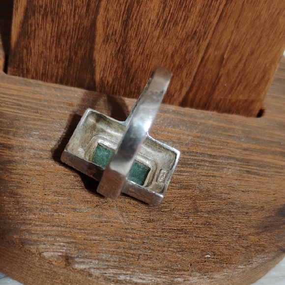 Vtg 925 Sterling Silver Ring W Rectangular Green Jade Gemstone - Picture 6 of 13
